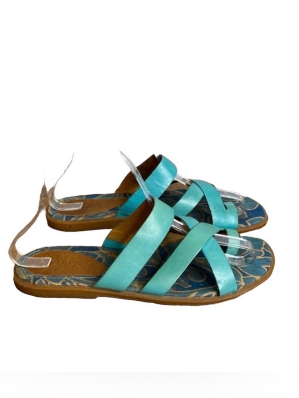 Naya Zoe Teal Distressed Leather Slip On Flat Strappy Ring Toed Sandals Size 8